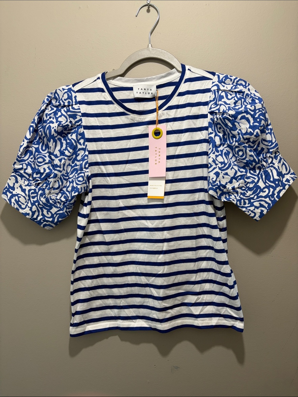 Tanya Taylor Alexi top Blue & White Striped w/ Patterned Puff Sleeves sz XS